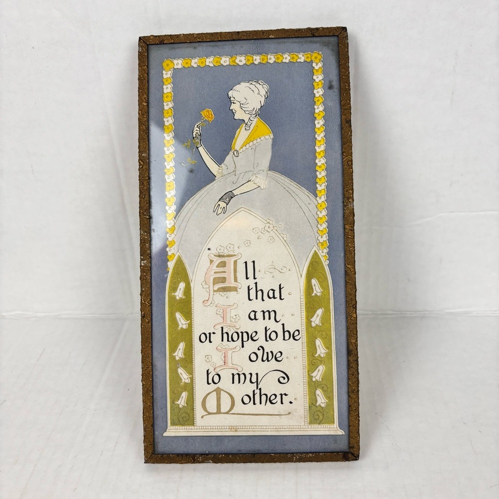 Vintage framed art print-Mother’s quote yellow/blue/floral-Art Deco style
